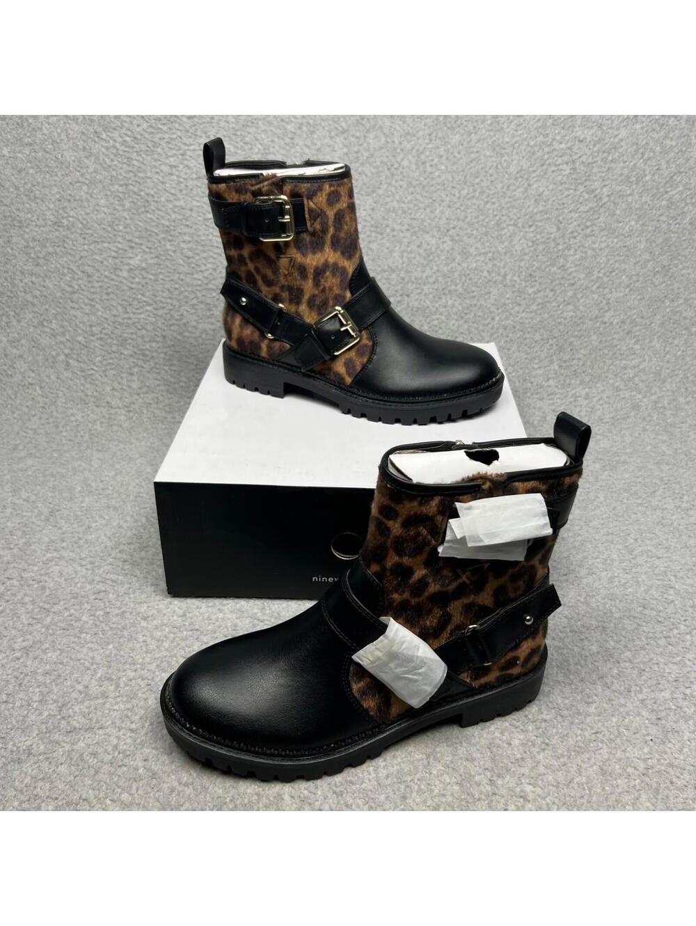 Nine West Arria Biker Ankle Cheetah Boots size 6.5 Animal Print Faux Leather